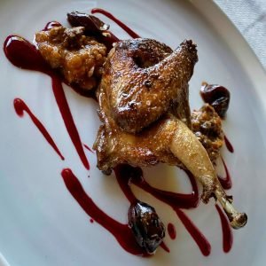 Pigeon, plums, fermented blackberries, liver regú